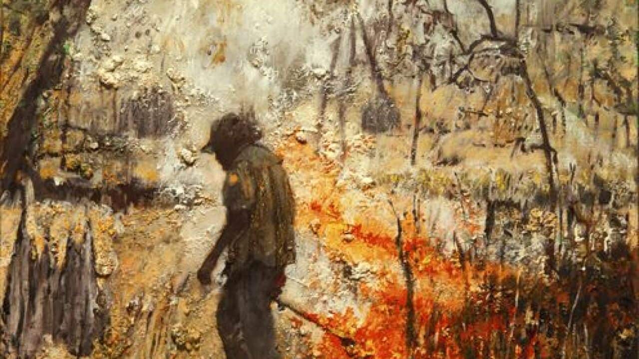 Part of Mandy Martin's painting Cool Burn (2016): in her painting workshops at Djinkarr, Indigenous rangers brought the threats to their land to life on canvas.