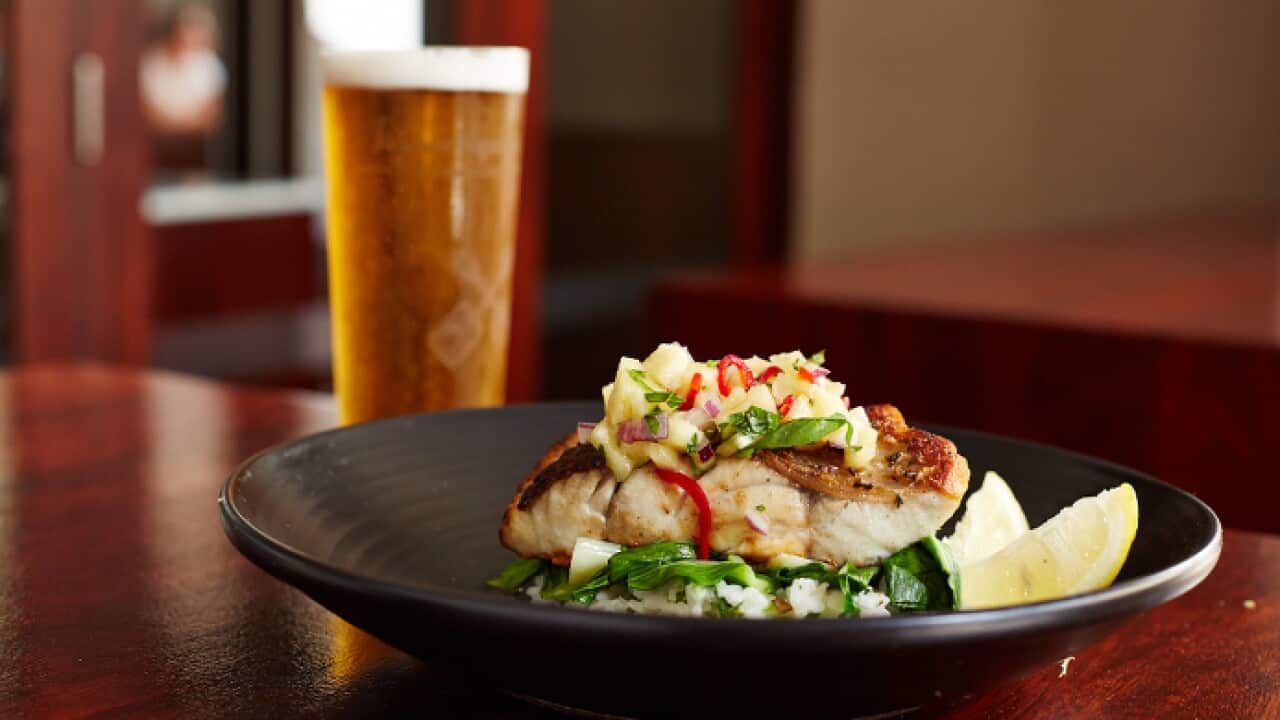 James Squire One Fifty Lashes Pale Ale and barramundi