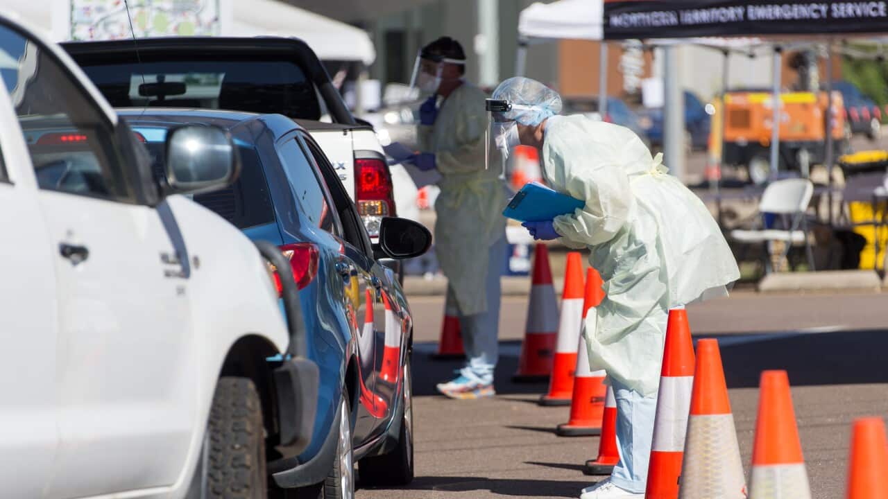 Darwin's Marrar drive-through COVID-19 testing facility, in Darwin, Thursday, July 1, 2021. Darwin and its surrounding areas have been in lockdown since Sunday. (AAP Image/Aaron Bunch) NO ARCHIVING