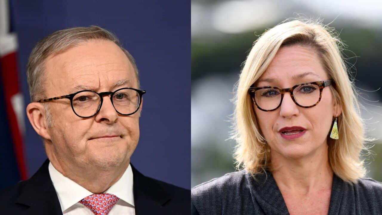 A split image of a man in a suit and a woman speaking.