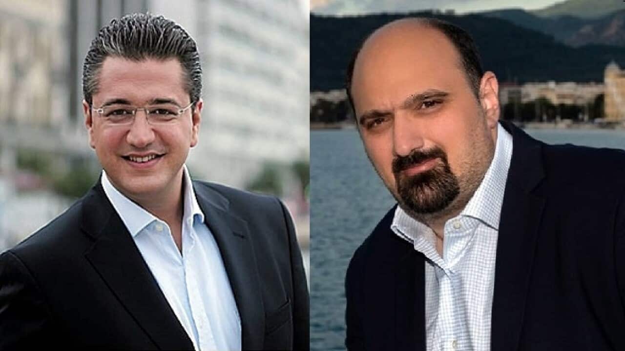 Central Macedonia governor Apostolos Tzitzikostas (L), Greek Finance Ministry's general secretary Christos Triantopoulos (R).