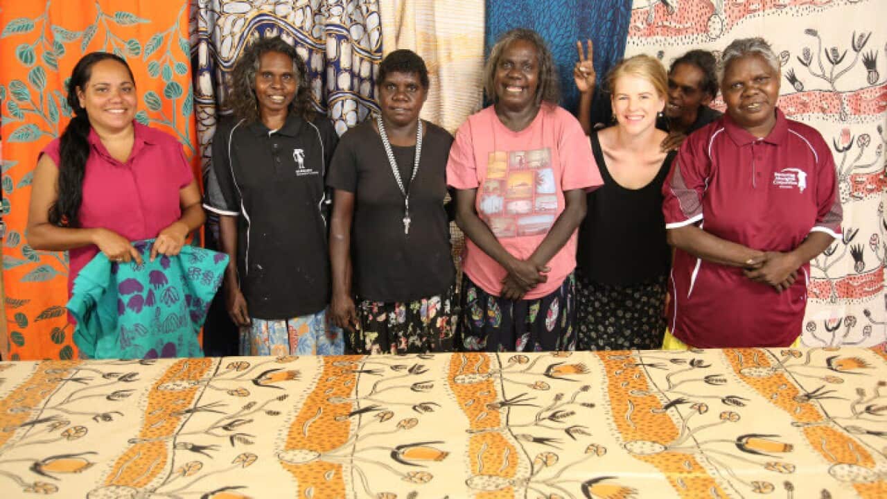 Artists L-R Jessica Phillips, Deborah Wurrkidj, Jocelyn Koyote, Raylene Bonson, Ingrid Johanson, Jennifer Wurrkidj, Elizabeth Kala Kala