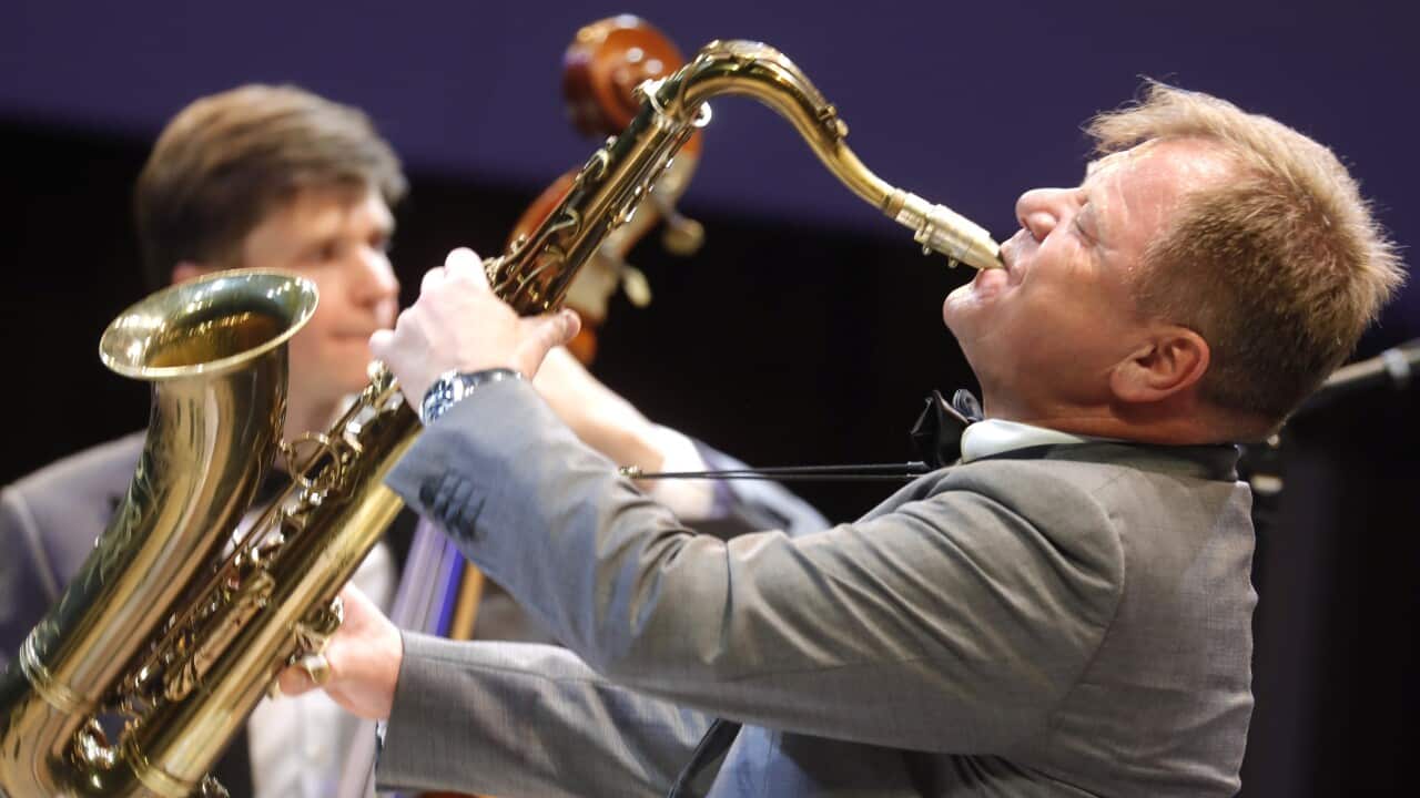 MOSCOW, RUSSIA SEPTEMBER 27, 2019: Saxophonist Igor Butman, artistic director of the Moscow Jazz Orchestra, performs at a concert marking the 20th birthday of the Moscow Jazz Orchestra, at Moscow's Zaryadye Concert Hall.