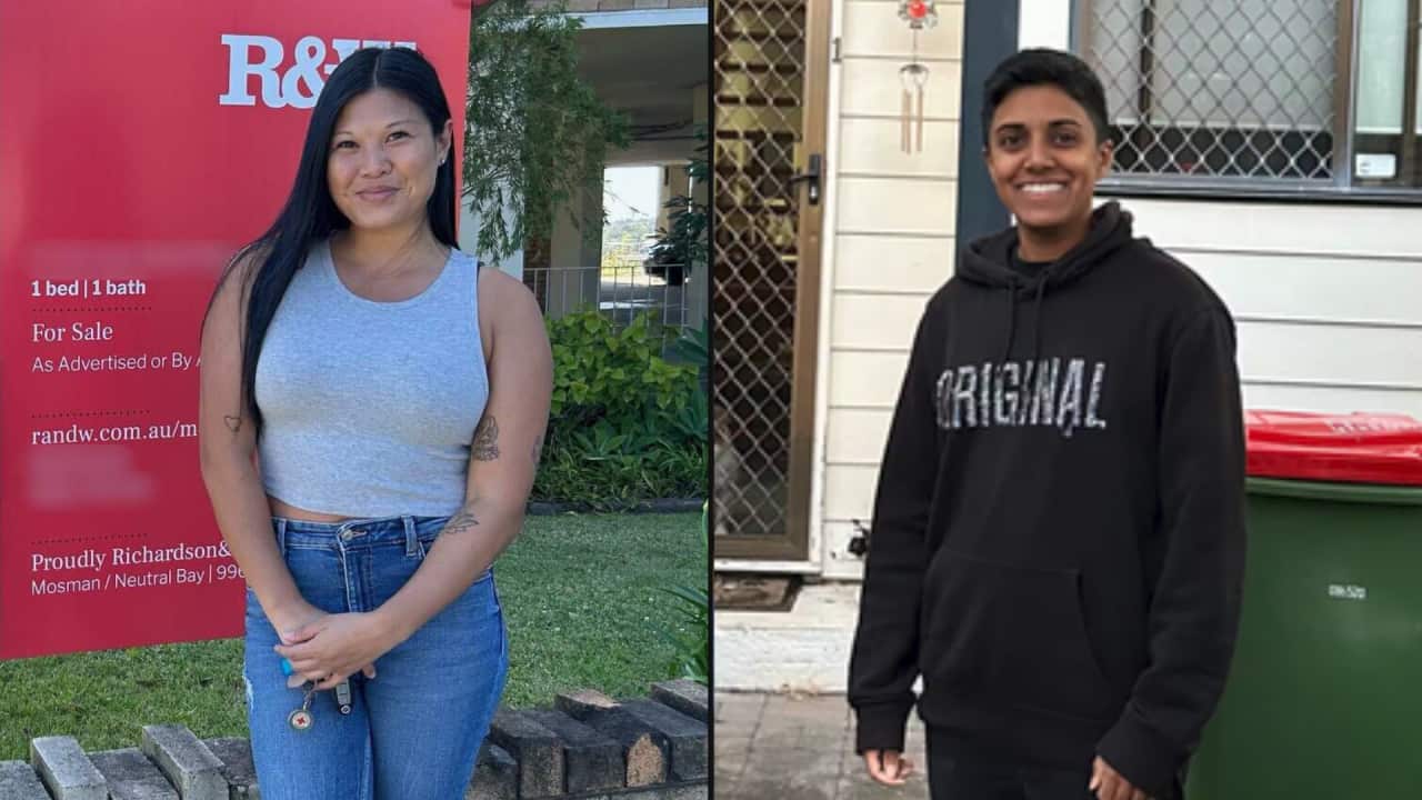 A split image of two women. The one on the left is wearing blue jeans and a grey singlet and is standing next to a For Sale sign. The one on the right is wearing a black jumper and jeans and standing in a small courtyard outside a home.