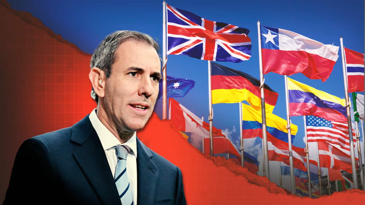 A composite of Treasurer Jim Chalmers and some world flags