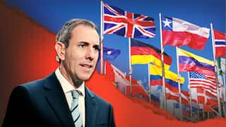 A composite of Treasurer Jim Chalmers and some world flags