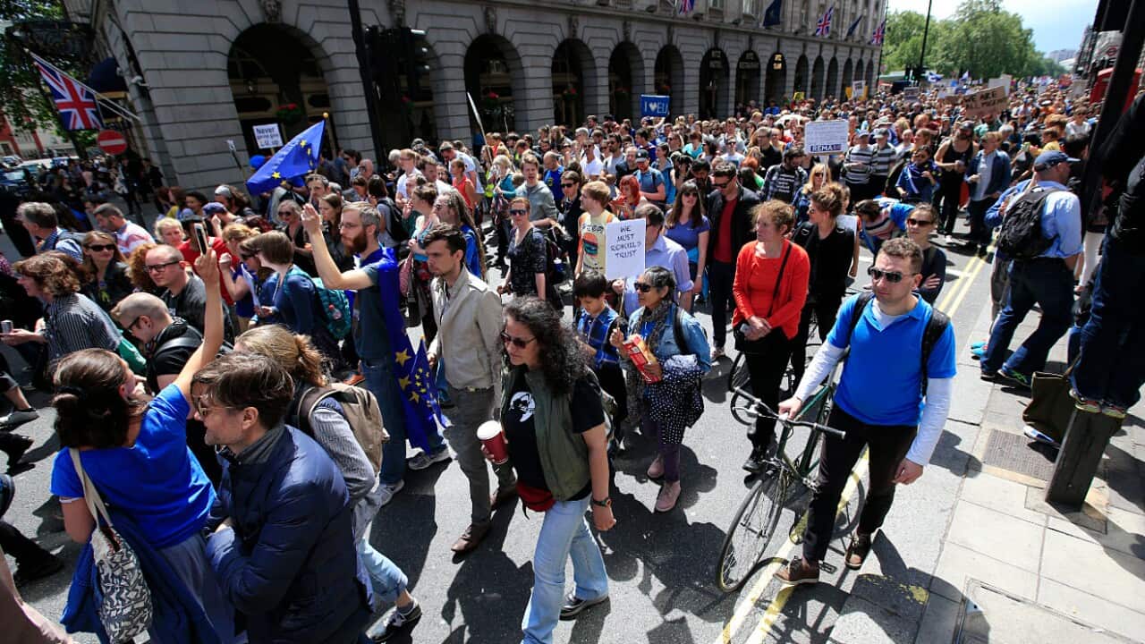 Remain supporters make their way past The Ritz in Piccadilly during the March for Europe rally to Parliament Square to show their support for the European Union in the wake of Brexit.