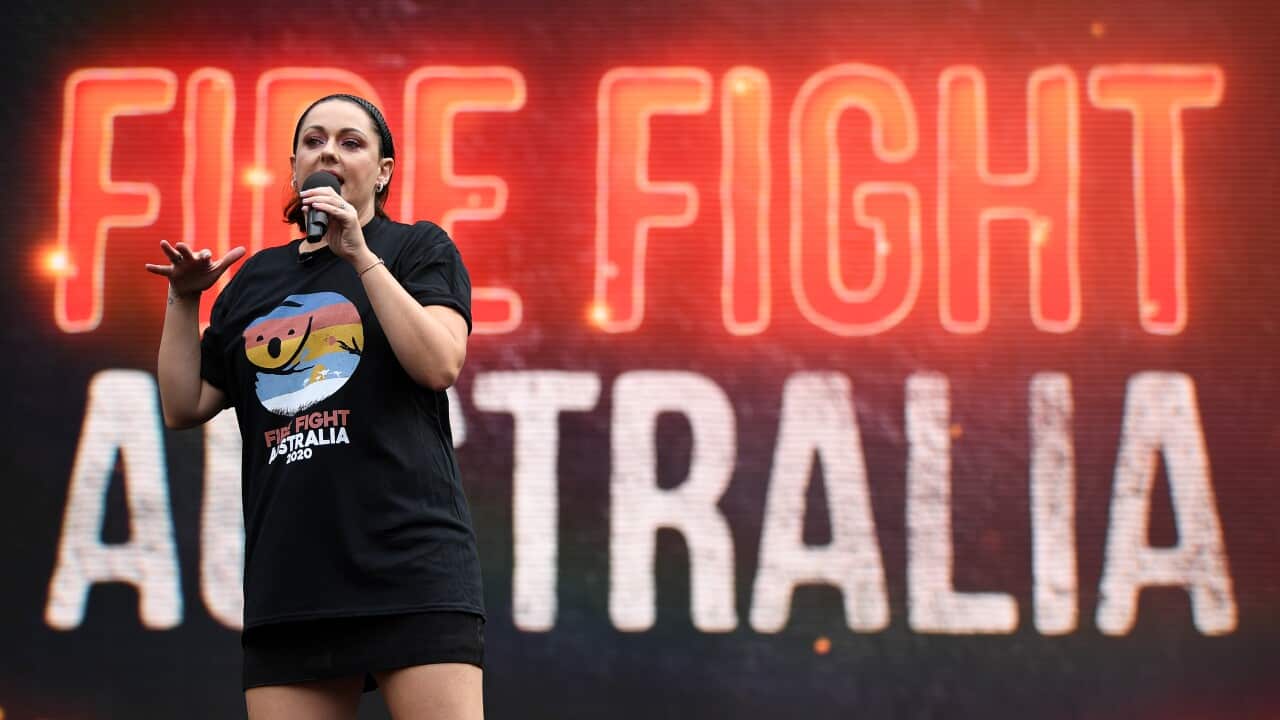 Celeste Barber addresses the crowd during the Fire Fight Australia bushfire relief concert at ANZ Stadium, Sydney.
