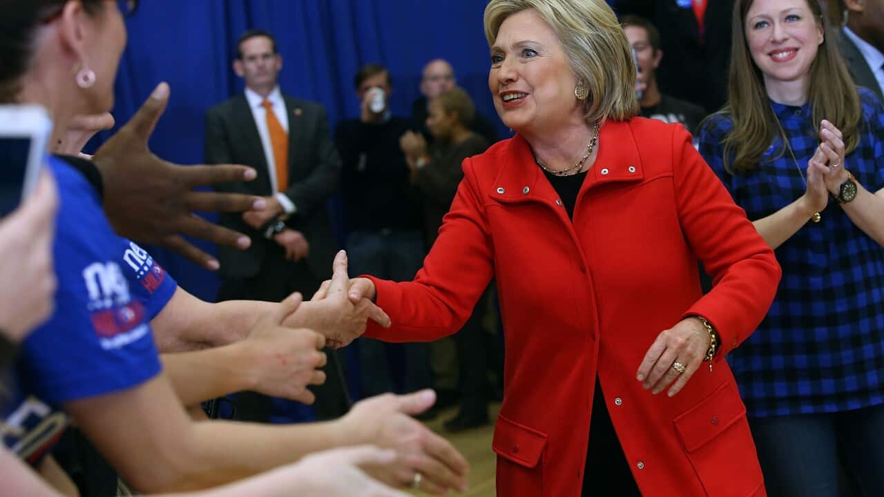 Democratic presidential candidate former Secretary of State Hillary Clinton speaks during a "get out to caucus" event at Washington High School in Cedar Rapids, Iowa.
