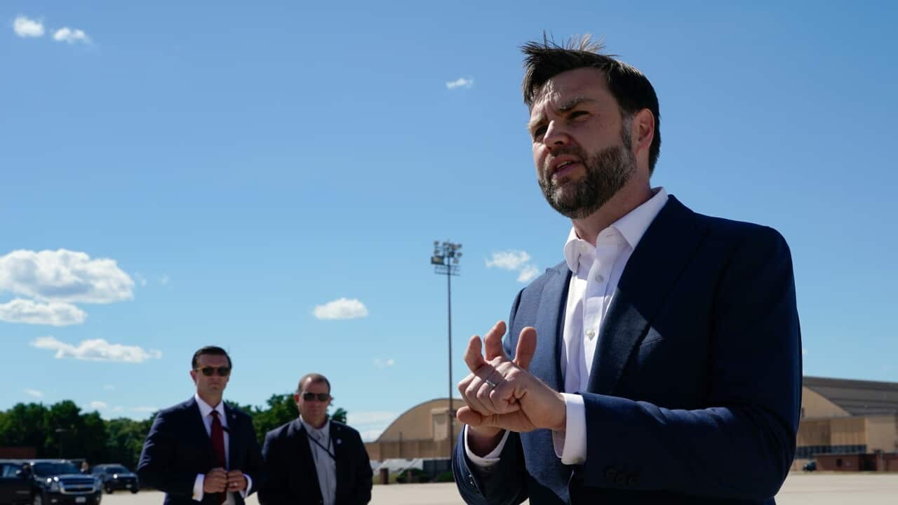 Vice President JD Vance speaks to reporters at Joint Base Andrews, Md., Saturday, June 20, 2026, en route to Switzerland
