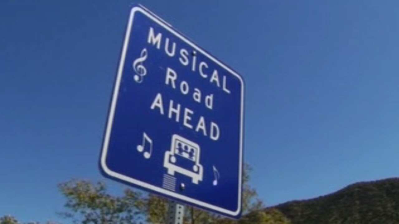 Signs alert motorists about a new rumble strip that plays a tune as they drive over it. (RTV)