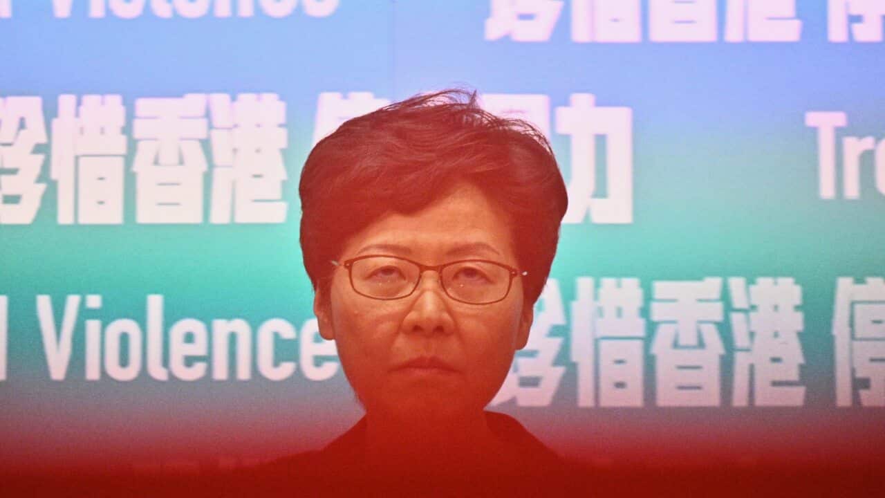 Hong Kong Chief Executive Carrie Lam takes part in a press conference in Hong Kong.