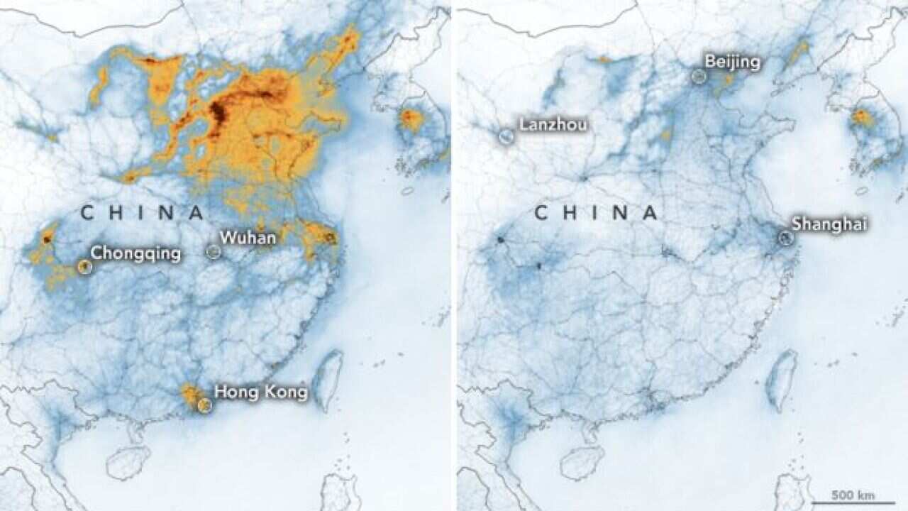 Nasa images show the drastic reduction in pollution over major Chinese cities.