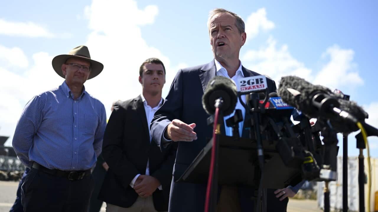 Australian Opposition Leader Bill Shorten speaks to the media at a press conference during a visit to Gladstone Ports in Gladstone, Tuesday, April 23, 2019. (AAP Image/Lukas Coch) NO ARCHIVING