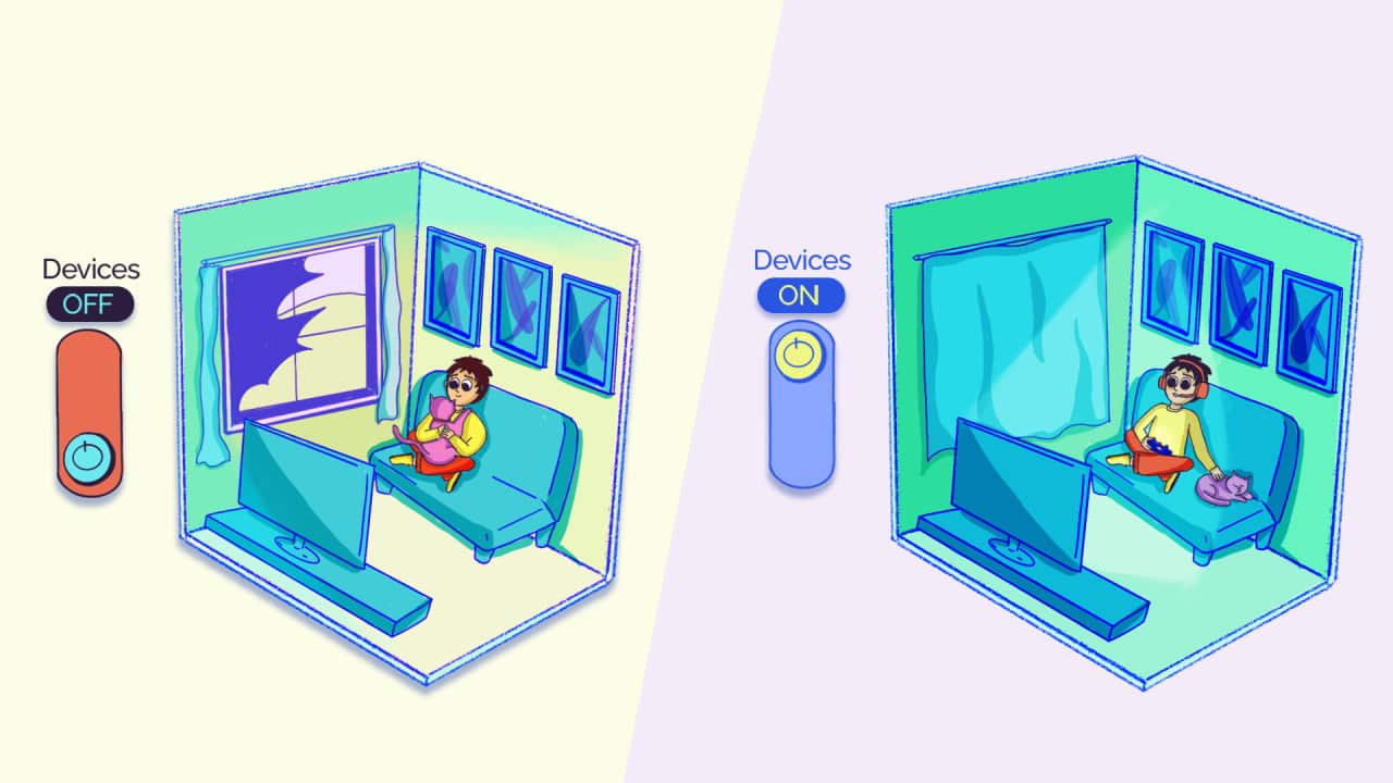 Before/after illustration of a boy playing with his cat versus him playing a video game in front of the TV