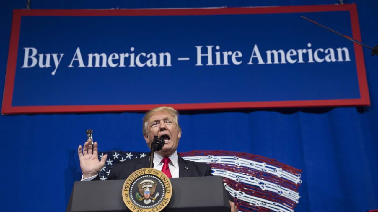 US President Donald Trump speaks after touring Snap-On Tools in Kenosha, Wisconsin, April 18, 2017, prior to signing the Buy American, Hire American Executive Order. / AFP PHOTO / SAUL LOEB (Photo credit should read SAUL LOEB/AFP/Getty Images)