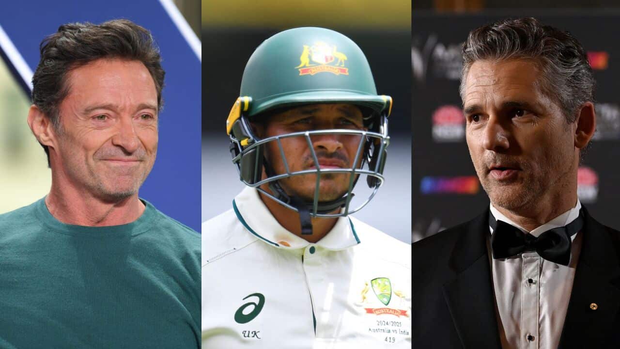 Composite image showing Hugh Jackman, Usman Khawaja and Eric Bana