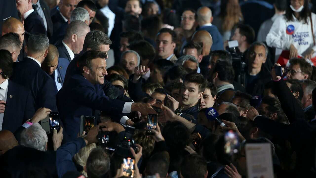 French President Emmanuel Macron celebrates his re-election at the Champ de Mars, Paris