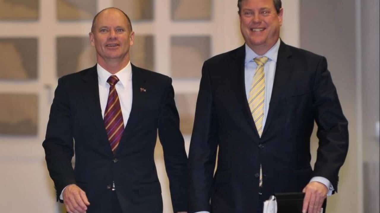 Then premier Campbell Newman with his treasurer Tim Nicholls in 2013.