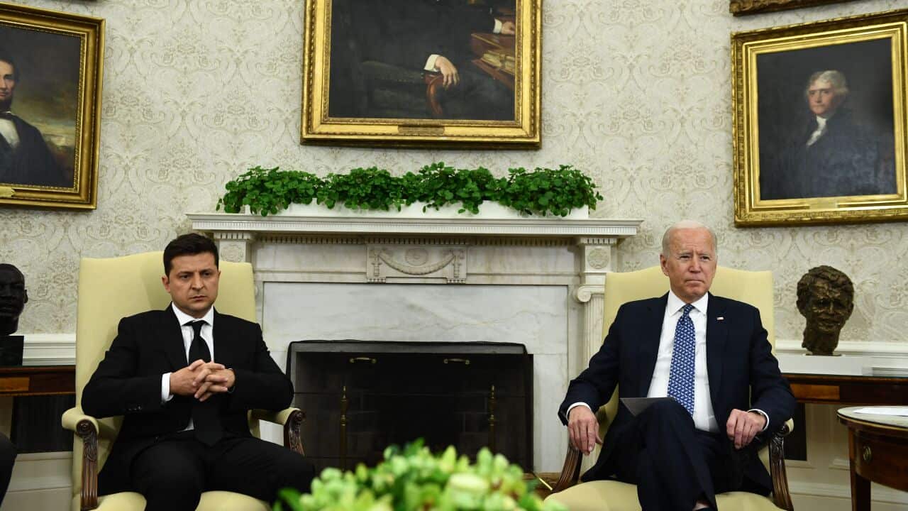 US President Joe Biden (right) meets with Ukraine's President Volodymyr Zelensky in the Oval Office of the White House.