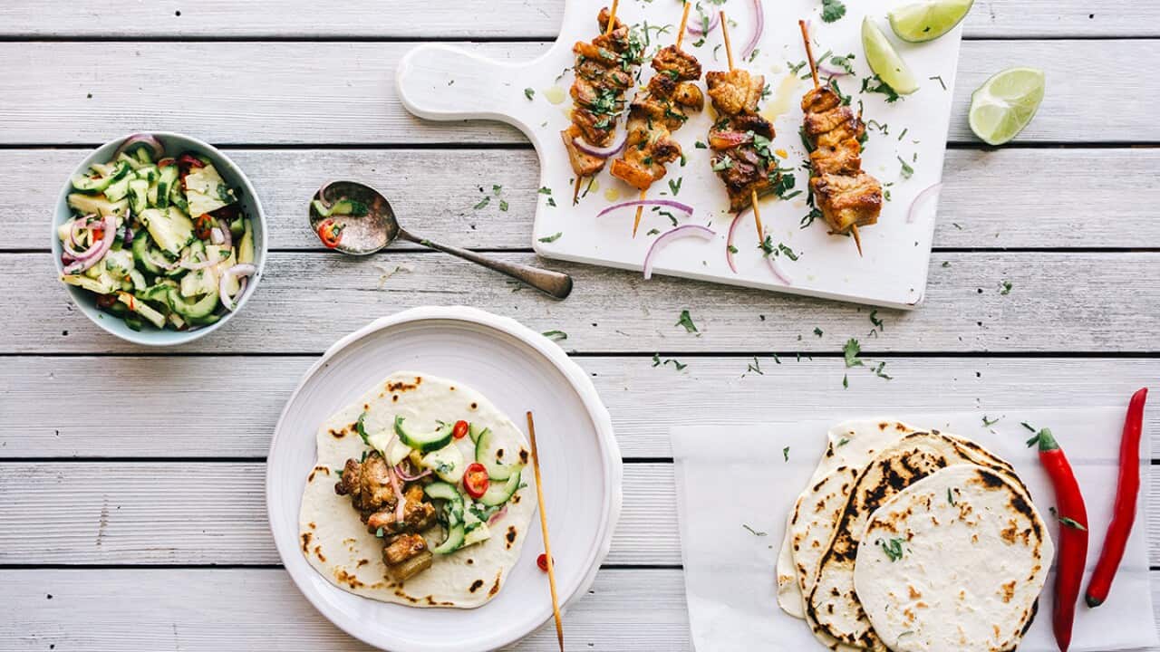 Pork souvlaki with pineapple and cucumber salsa