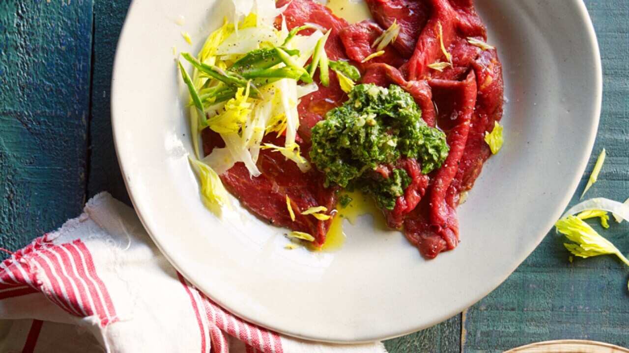 Carpaccio with shaved vegetables and salsa verde
