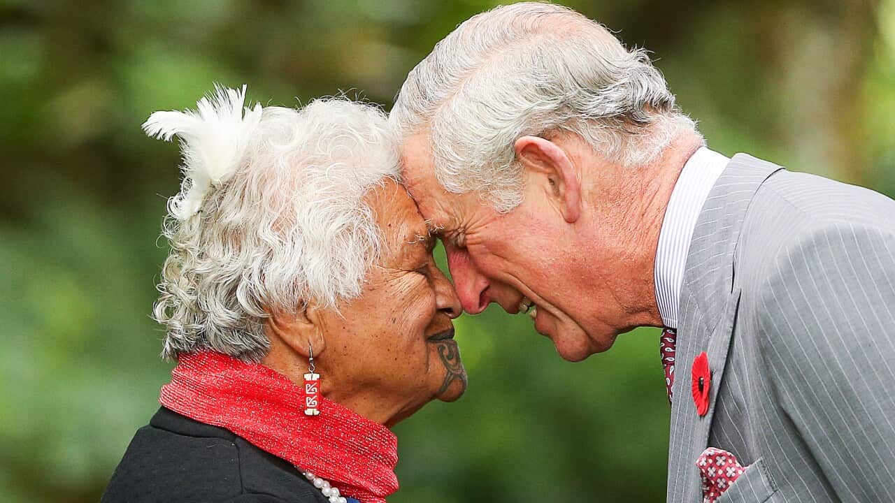 Prince Charles receives the hongi greeting during a 2015 visit to New Zealand.