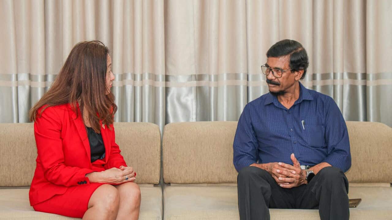 US Ambassador Julie Chan and the senior advisor of the JVP political party of Sri Lanka, Tilvin Silva