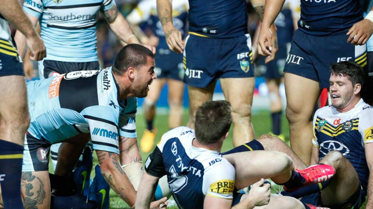 Cronulla's Andrew Fifita scores a try