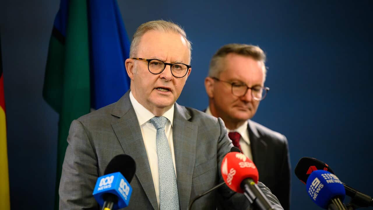 Two men wearing suits stand behind microphones