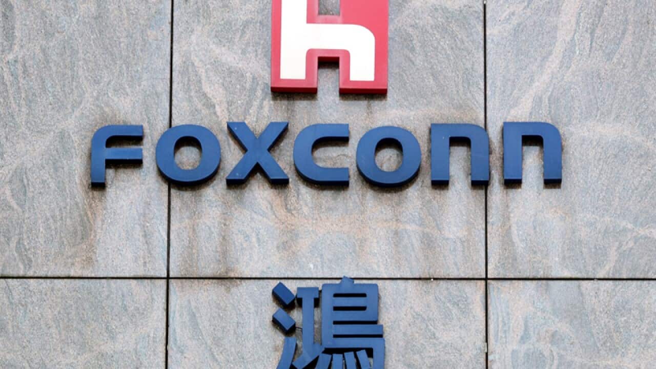 A view of the logo on the Hon Hai Foxconn plant in Taiwan