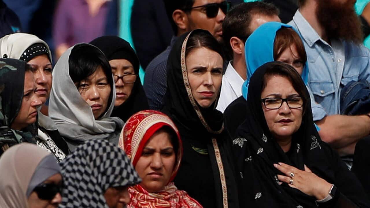 Prime Minister Jacinda Ardern attends the Friday prayers at Hagley Park outside Al-Noor mosque in Christchurch, New Zealand, Mar 22, 2019.