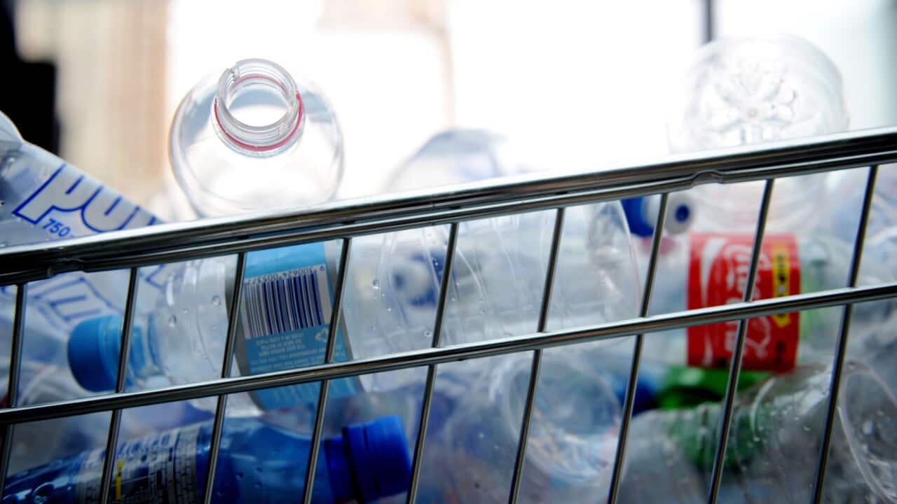 Empty plastic bottles packed into trolleys at a shopping centre in Sydney.