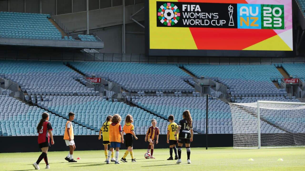 Young participants take part in drills during the schedule announcement for the 2023 FIFA Women's World Cup