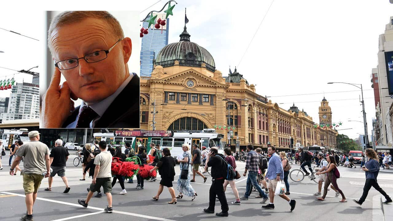 The RBA governor and Melbourne's Flinders Street Station.