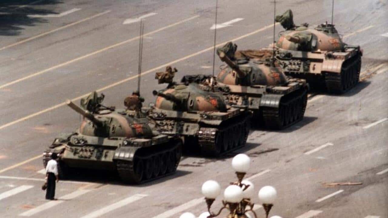 Lone man confronting China tank column in Tiananmen uprising in1989 - AAP -AP -J Widener