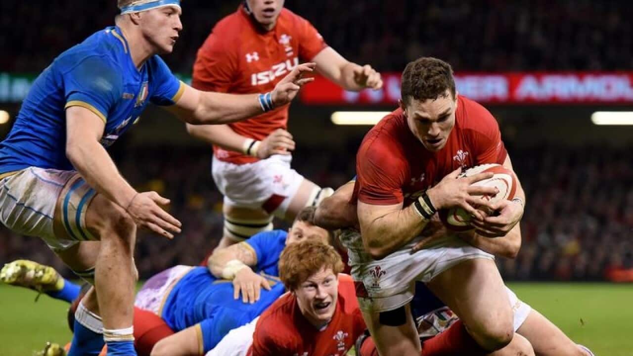 George North touches down for Wales.
