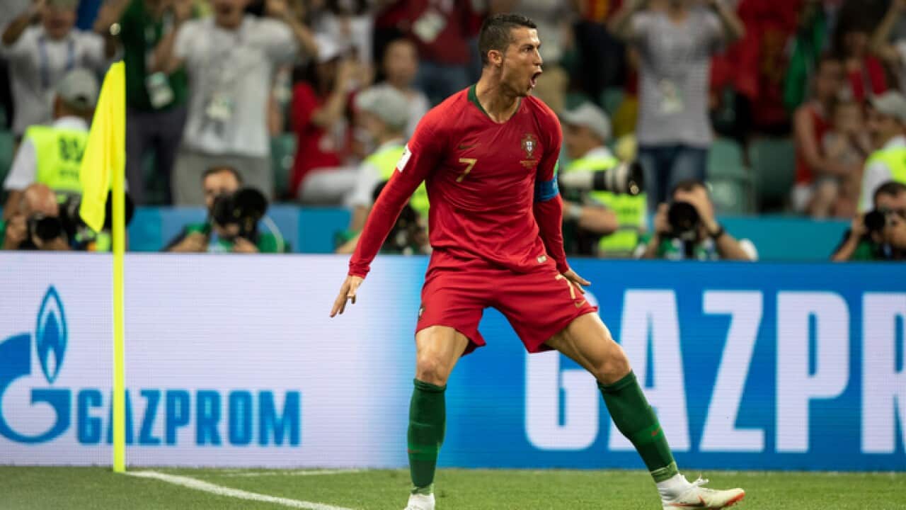 Cristiano Ronaldo of Portugal celebrates a goal to make it 3-3 during 2018 FIFA World Cup Russiamatch between Portugal and Spain at Fisht Stadium in Sochi.