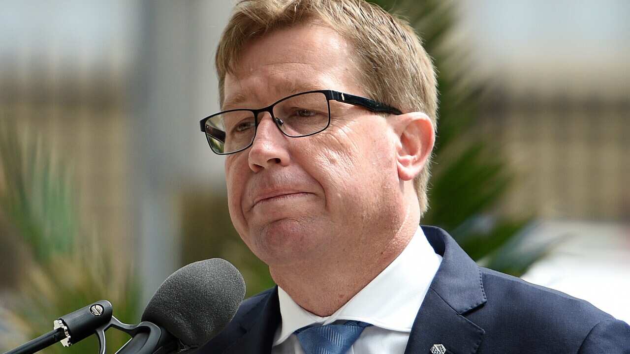 NSW Deputy Premier and Police Minister Troy Grant speaks at a dedication ceremony at NSW Police headquarters in Sydney.