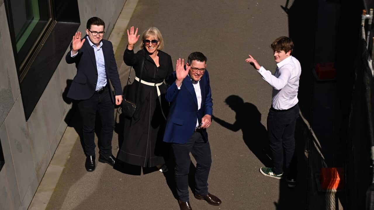 Victorian Premier Daniel Andrews departs with his family after announcing his retirement as premier
