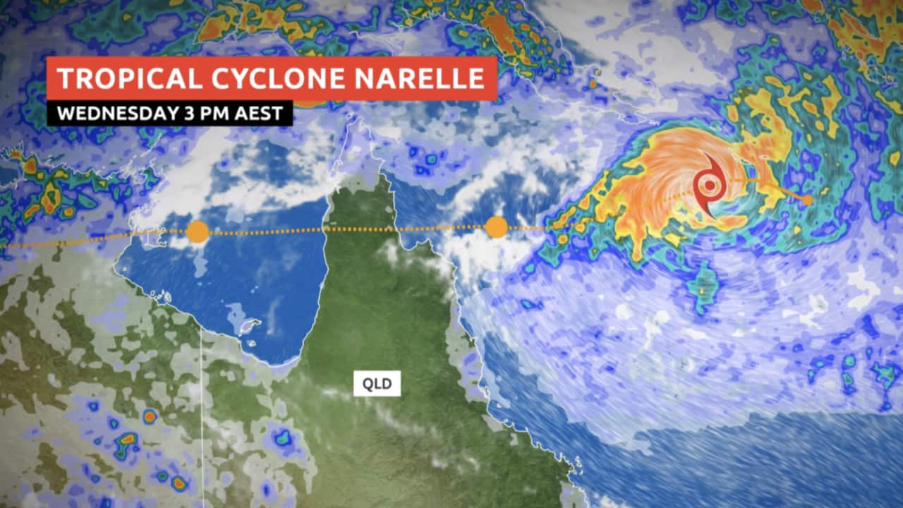 A map that indicates Cyclone Narelle is moving westward from the Coral Sea to Queensland