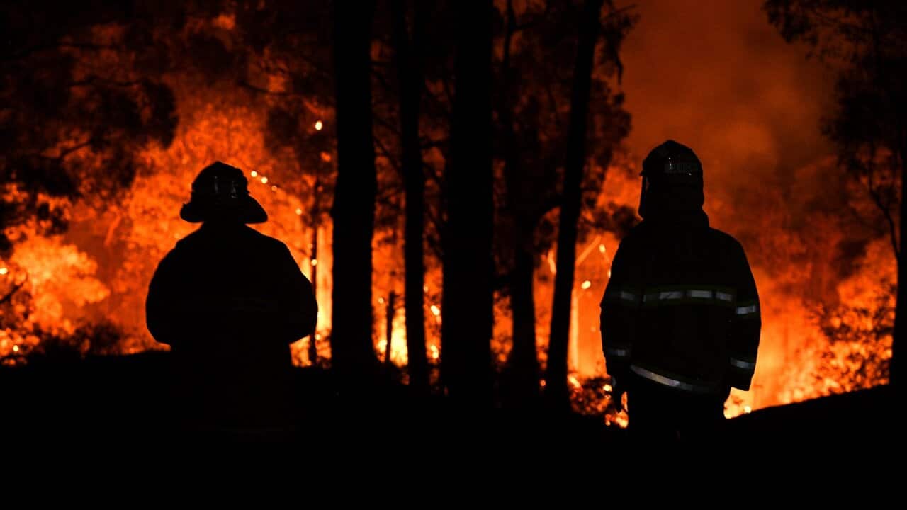 Firefighters watch on as the Gospers Mountain fire approaches a property at Colo Heights, north west of Sydney, Friday, November 15, 2019.