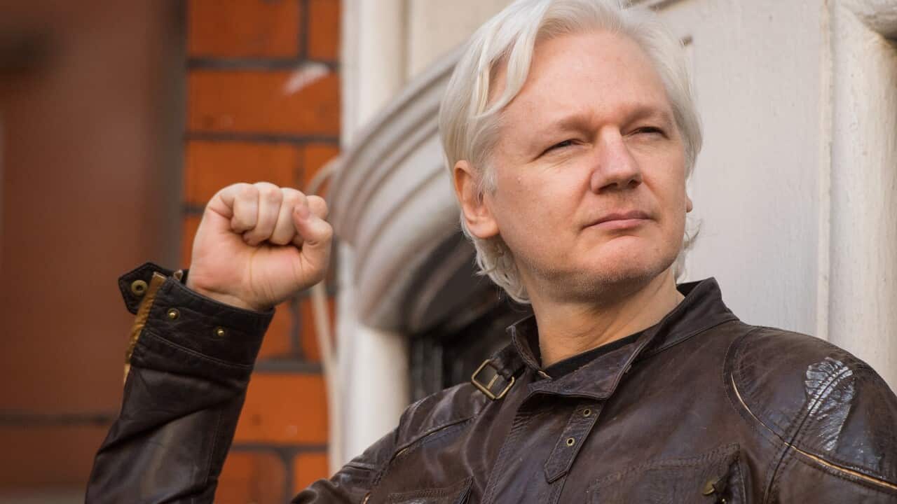 Julian Assange speaks from the balcony of the Ecuadorian embassy in London.