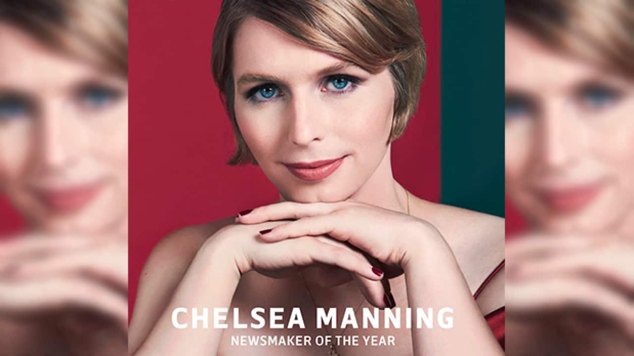 Chelsea Manning's cover image for Out Magazine's Newsmaker of the Year award.