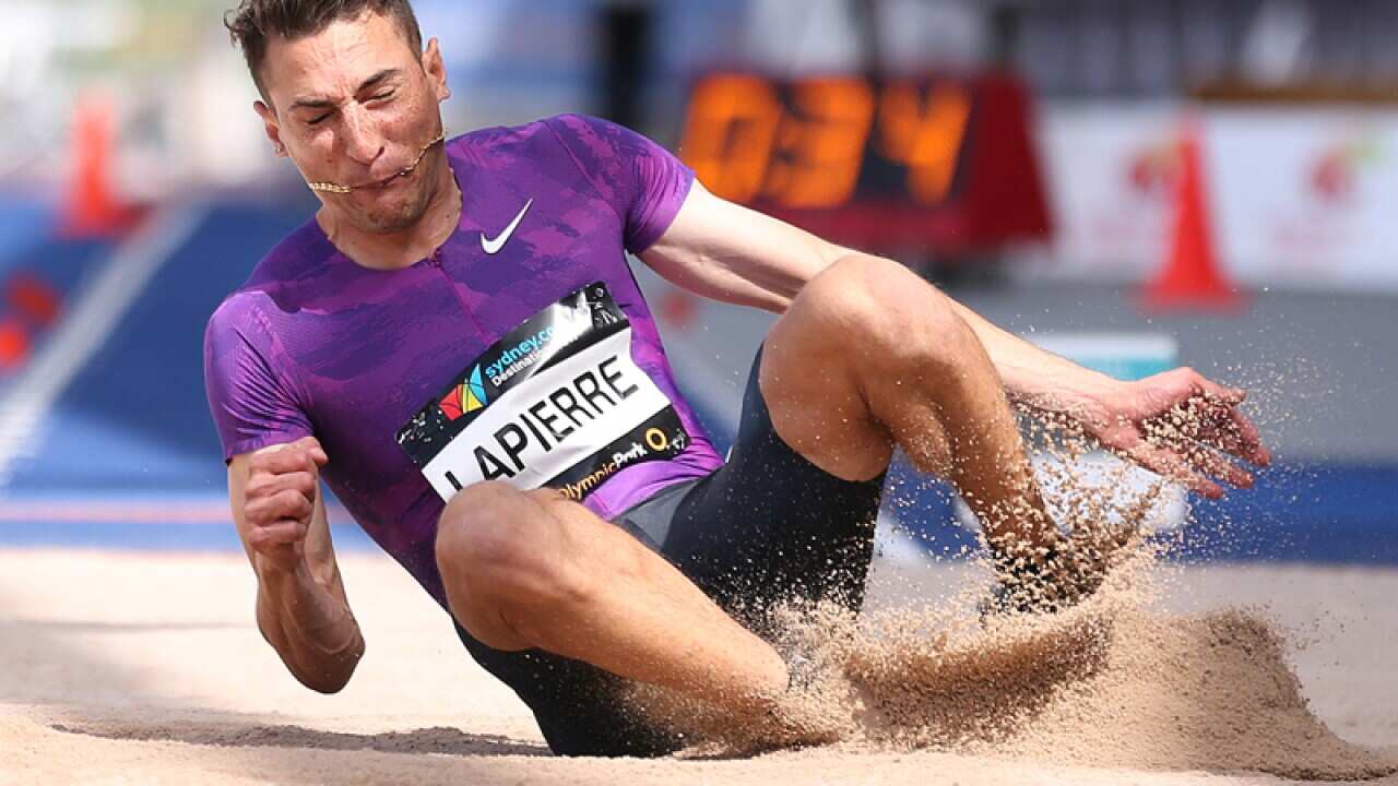 Fabrice Lapierre competes in the men's long jump