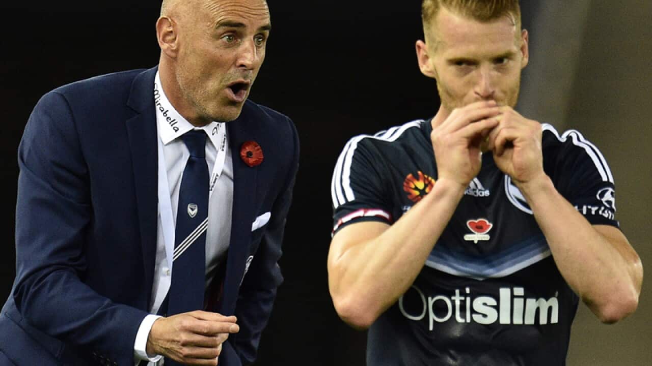Melbourne Victory coach Kevin Muscat (L) and Oliver Bozanic