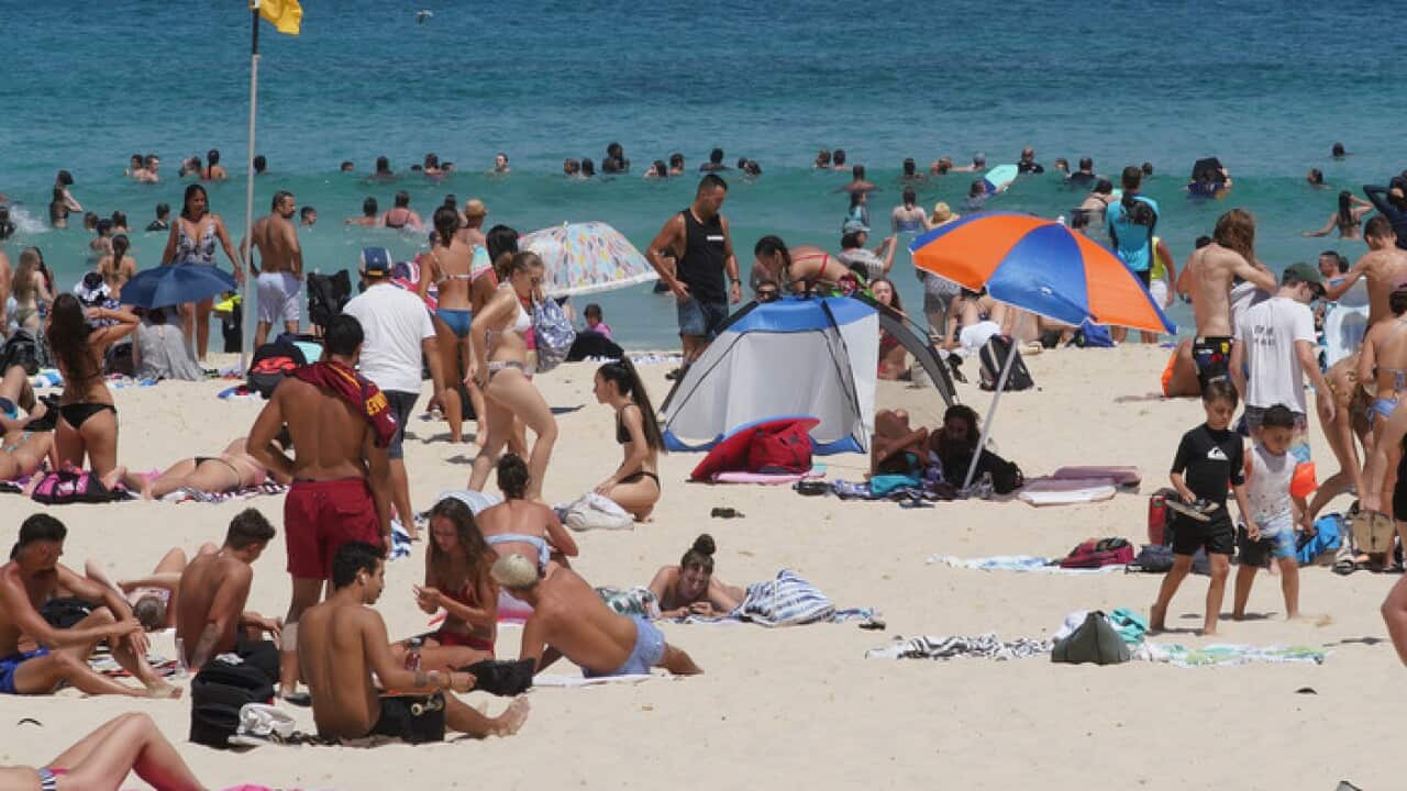 Beachgoers at Bondi Beach Sydney during the heatwave