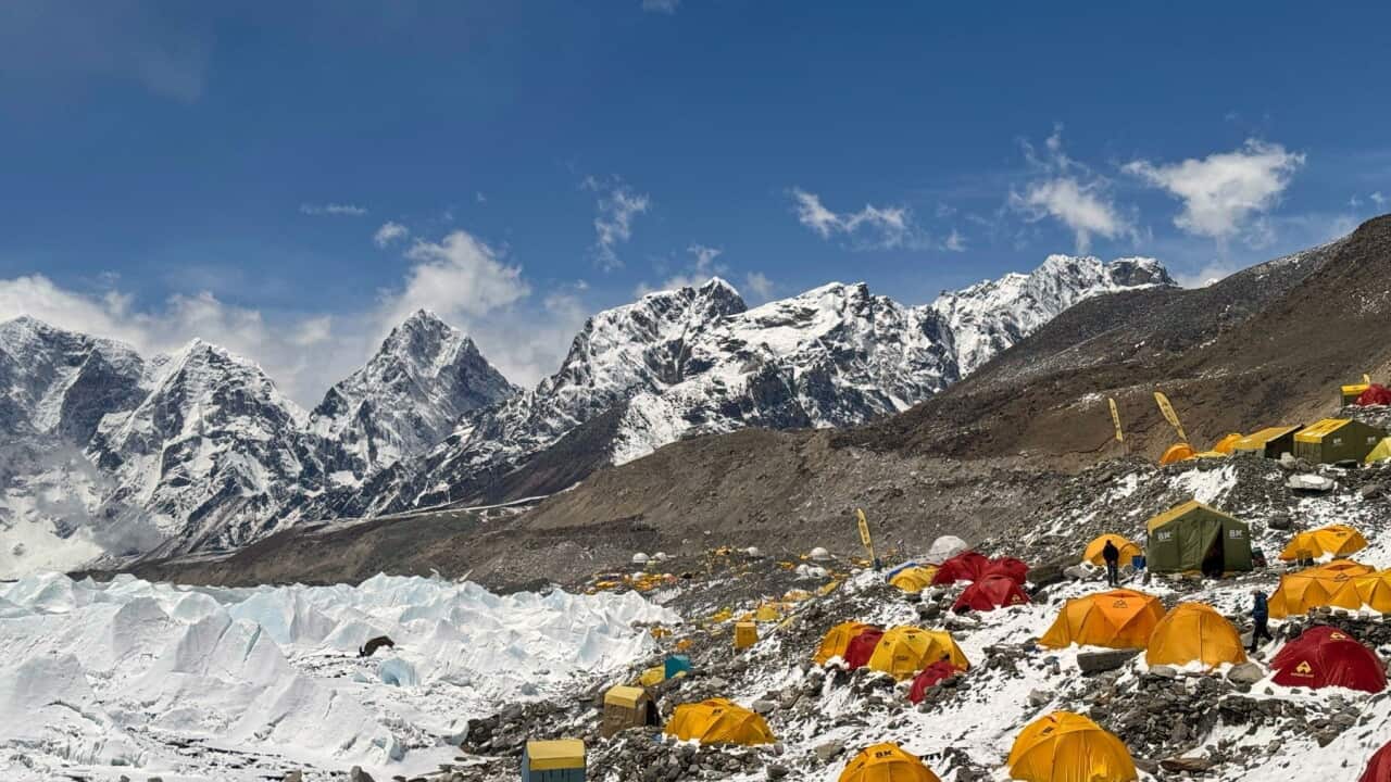 Mountaineers' and guides' tents are spread over at the base camp of Mount Everest Nepal Sunday May 10 2026. (AP Photo-Pasang Rinzee Sherpa).jpg