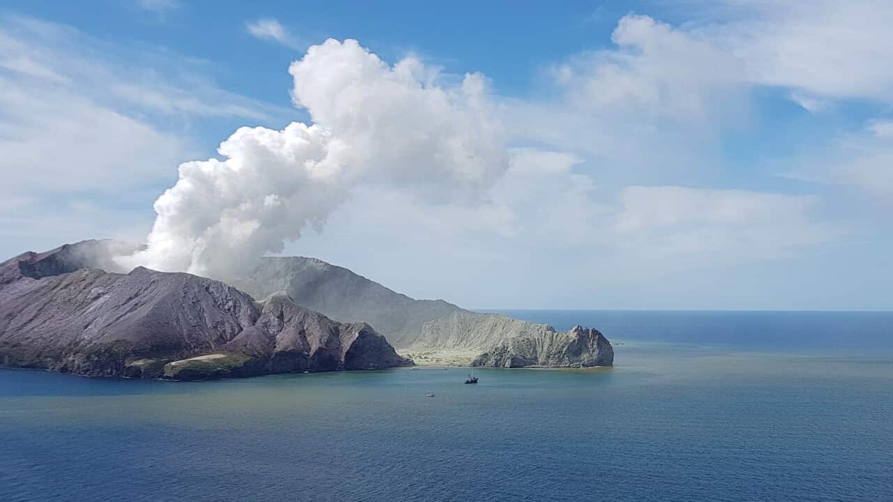 An image taken from aboard the Westpac Rescue Helicopter, of New Zealand's White Island