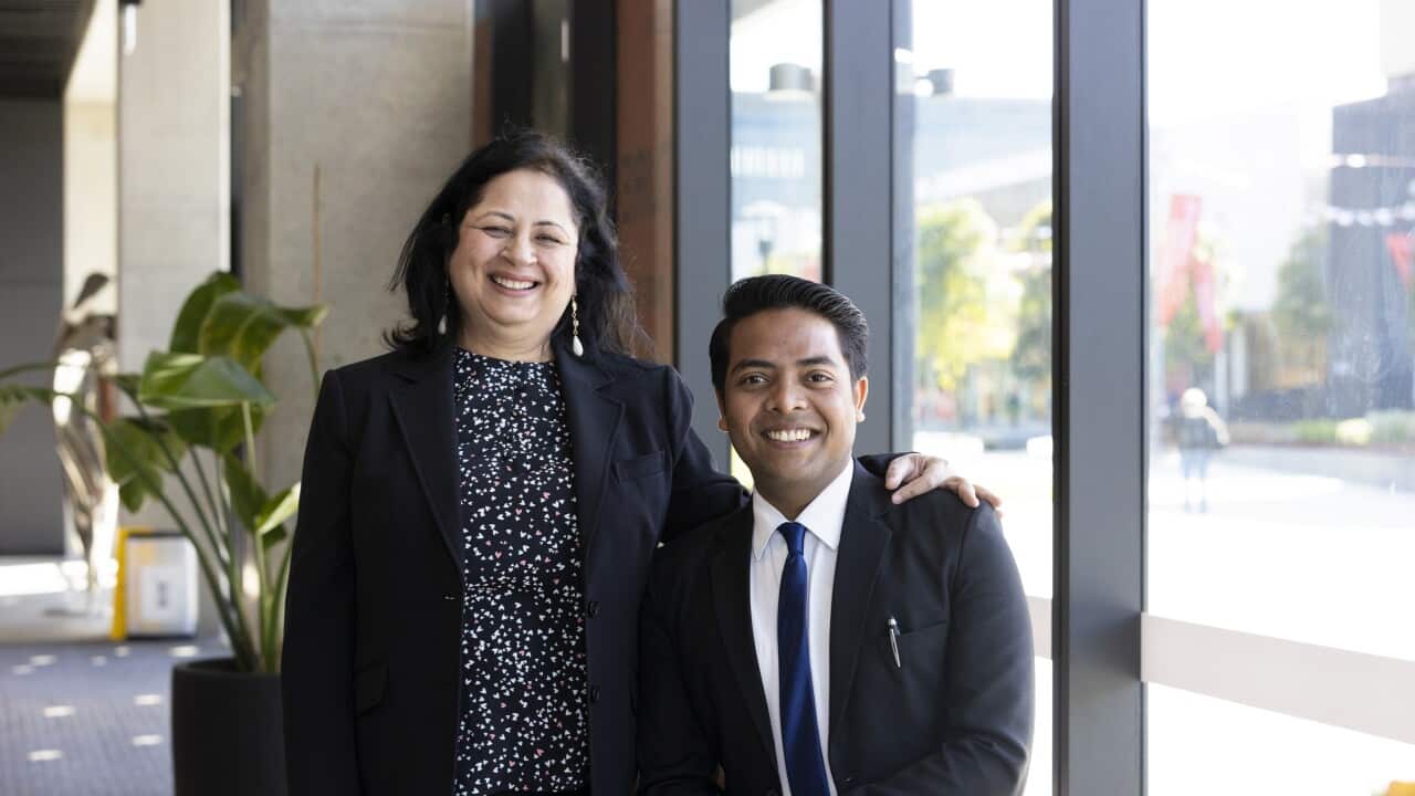 ASHA Event F23. Dr Kiran Martin and Scholarship recipient Tushar Joshi, student of Master of International Relations.